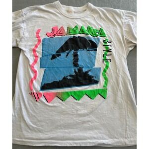 Vintage 90s Sun Club Jamaica Style Graphic T-Shirt Mens Large White Neon **READ*